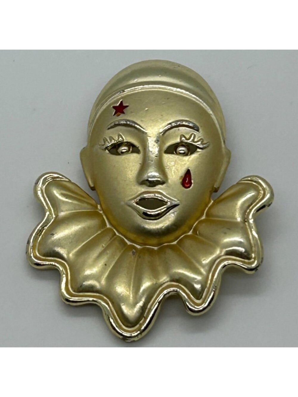 Vintage Gold Tone Pierrot Clown Brooch With Red Star & Tear Costume Jewelry Pin